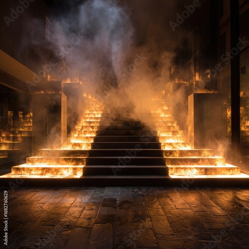 Burning staircase, shrouded in smoky haze