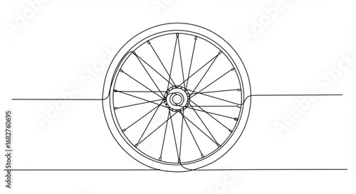 Dynamic bicycle wheel line art captures motion and engineering, perfect for sports and transport themes.