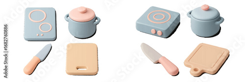 Cartoon kitchenware set with stove, pot, knife, cutting board. Modern 3D Icon Set
