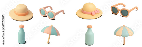 Summer Beach Accessories: Hats, Sunglasses, Umbrellas, Drinks. Modern 3D Icon Set