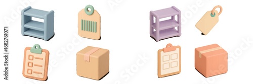 Stylized 3D icons for logistics and inventory management, shelves, tags, clipboards, boxes. Modern 3D Icon Set