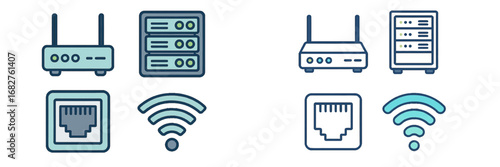 Network hardware icons: routers, servers, ethernet ports, Wi-Fi signals. Modern 3D Icon Set