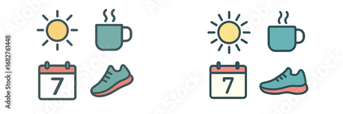 Fitness and healthy lifestyle daily routine icons with sun, coffee, calendar, and running shoe. Modern 3D Icon Set