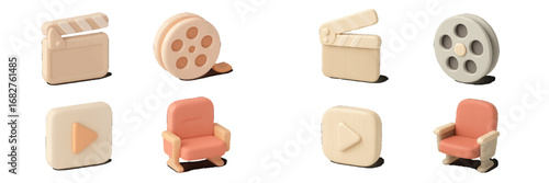 Cinema and movie production icons with clapperboard, film reel, play button, and theater seat. Modern 3D Icon Set