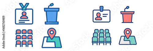 Conference Event Planning Icons: Seating, Podium, Badge, Map. Modern 3D Icon Set