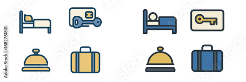 Hotel Service Icons: Bed, Key Card, Luggage, Bell. Modern 3D Icon Set
