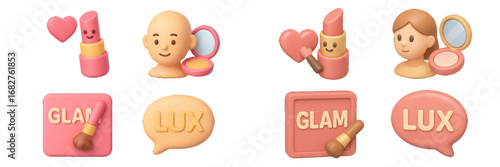 Makeup Icons: Lipstick, Powder Compact, and Brush. Modern 3D Icon Set