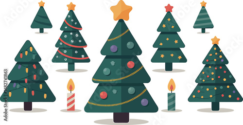 Festive Collection of Decorated Christmas Trees with Candles and Stars, Evoking Holiday Joy and Winter Celebrations Vector Illustration