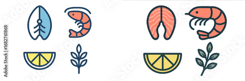 Salmon steak and shrimp with lemon and herbs icons. Modern 3D Icon Set