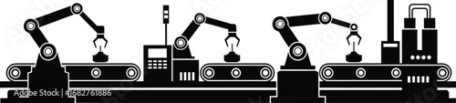 Automated factory production line with robotic arms and conveyor belts for industrial manufacturing