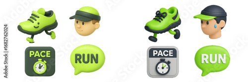 Running shoe and runner icons with pace and run text. Modern 3D Icon Set