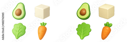 Fresh avocado, lettuce, carrot, and tofu cubes in grid. Modern 3D Icon Set