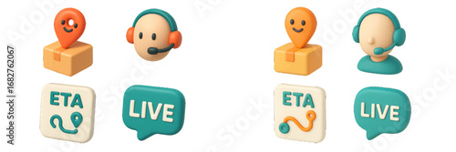 Delivery tracking and customer support icons with location pin and package symbols. Modern 3D Icon Set