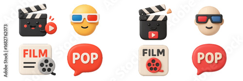 Cinema Icons: Play Button, Popcorn, 3D Glasses. Modern 3D Icon Set