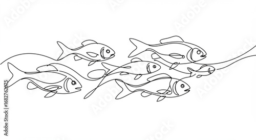 Graceful school of fish swimming together in flowing single line art style