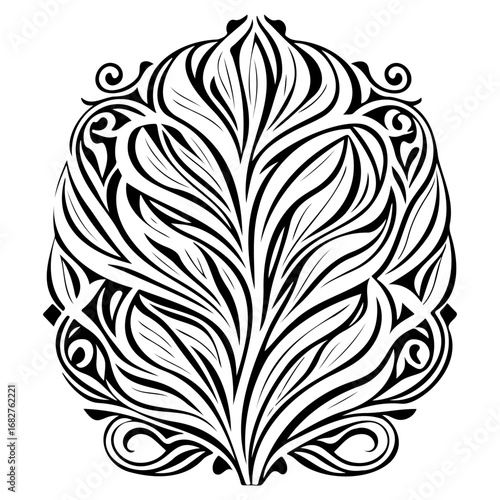 Stylized floral arrangement in black and white evoking natural forms and artistic expression with