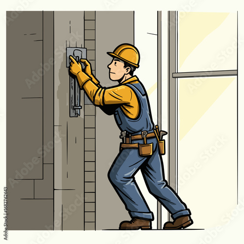Construction worker fixing wall with tool while standing indoors  