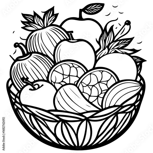 Stylized fruit basket illustration showcasing harvest abundance in black and white graphic