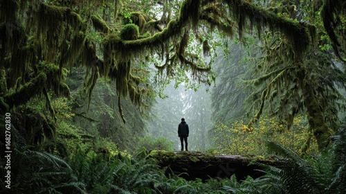 Man standing on a log in a mossy forest misty scene
