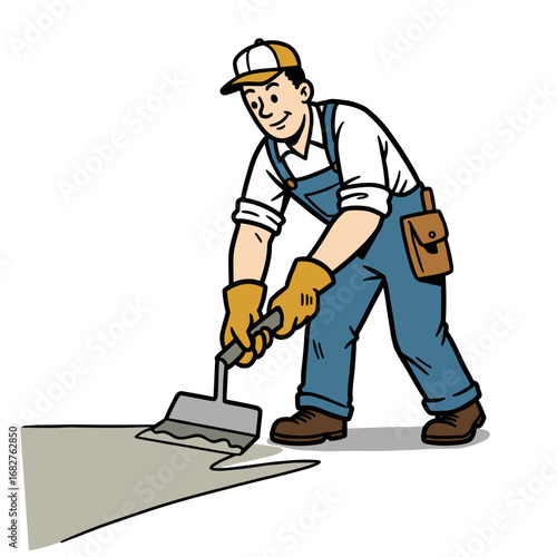 Man applying self-leveling compound while wearing gloves and hat  