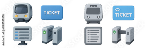Public transport ticket gate and train icons with digital access. Modern 3D Icon Set
