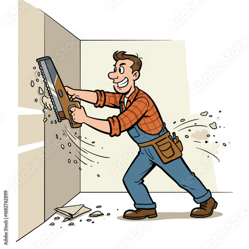 Man cutting drywall with saw while smiling in renovation project  