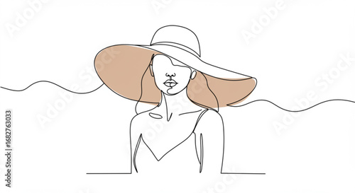 Elegant woman in wide-brimmed hat, minimalist line art, evokes summer style and sophisticated leisure.
