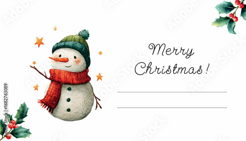 Christmas postcard in watercolor. Watercolor cute snowman with holly berry on postcard with space for inscriptions. Merry Christmas greeting card template. Vector illustration.