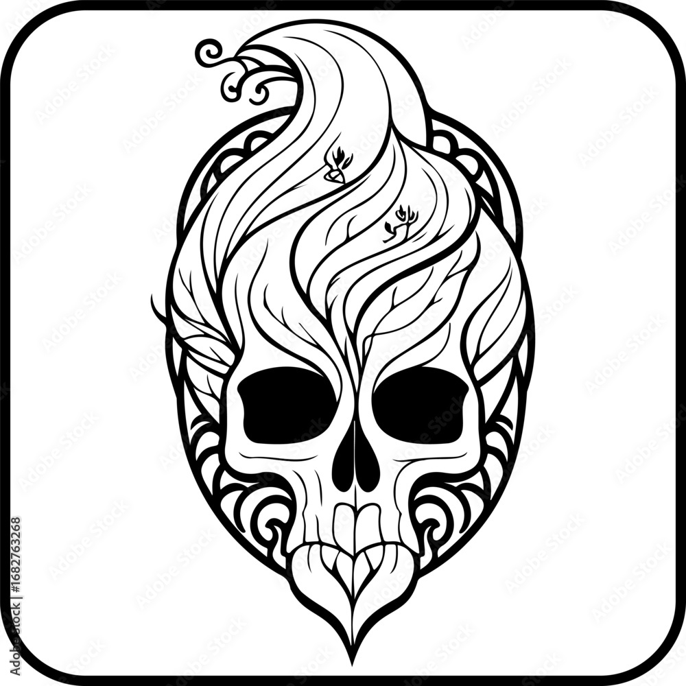 Fototapeta premium Stylized human skull with flourishing nature elements depicting life intertwined with mortality