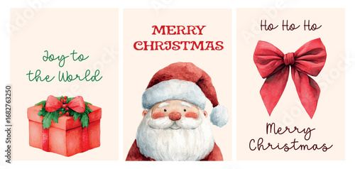 Watercolor set of cute Christmas cards. Hand drawn cards with cute Santa, Christmas gift box, and red bow. Vintage handmade Christmas cards, flyers, etc. Merry Christmas.