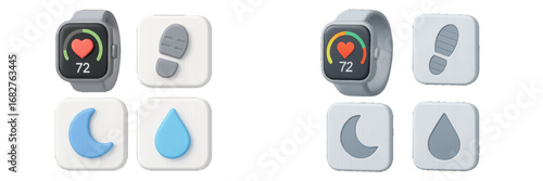 Smartwatch health tracking icons for wellness and fitness monitoring. Modern 3D Icon Set
