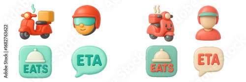 Food delivery scooter and courier icons with ETA and eats labels. Modern 3D Icon Set