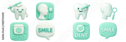 Cartoon tooth brushing teeth with toothbrush and dental floss. Modern 3D Icon Set