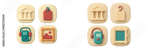 Stylized 3D icons for finance, shopping, and media. Modern 3D Icon Set