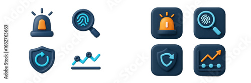 Security and analytics icons: siren, fingerprint, shield, chart, data, search, alert, protection. Modern 3D Icon Set