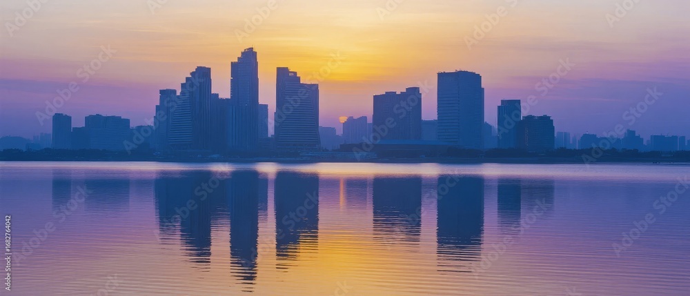 Naklejka premium Cityscape Reflection at Sunset