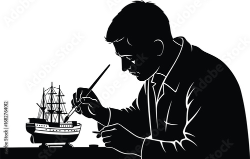 Man building ship model, showcasing art of miniature creation and historical naval vessels