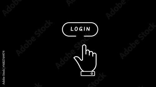 White Line Art Hand Cursor Clicking Login Button on Black Background image photo