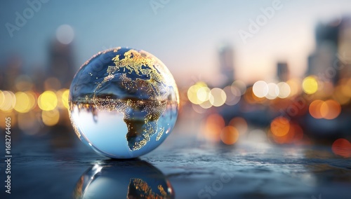 Glass globe of Earth reflecting city lights