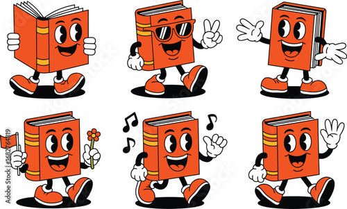 Orange book characters in classic cartoon style retro