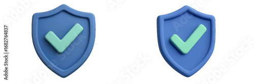 Blue shield with green checkmark symbol. Modern 3D Icon Set
