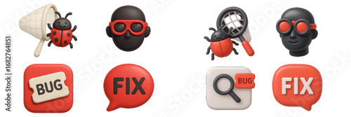Ladybug and magnifying glass for bug fixing and software debugging. Modern 3D Icon Set