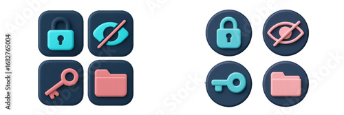 Security and privacy icons: lock, eye, key, folder. Modern 3D Icon Set