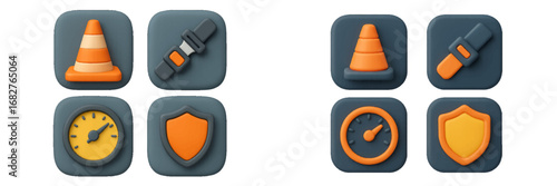 Safety and security icons: traffic cone, seatbelt, speedometer, shield. Modern 3D Icon Set