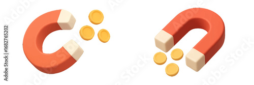 Horseshoe magnet attracting gold coins, financial attraction and wealth accumulation concept. Modern 3D Icon Set