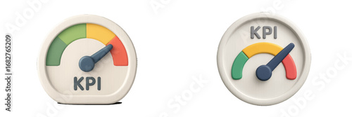 KPI gauge meter displaying business performance metrics with red, yellow, and green zones. Modern 3D Icon Set