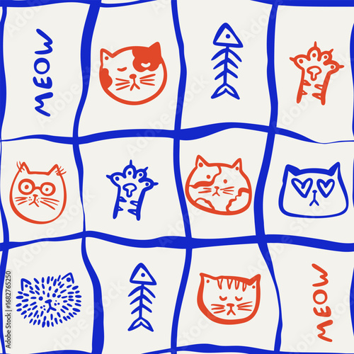 Seamless hand-drawn cat pattern with doodle cat faces, cute paw, meow lettering and wavy grid lines.