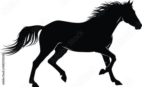 A black horse silhouette is running, showcasing its muscular build, flowing mane, and powerful stride in motion