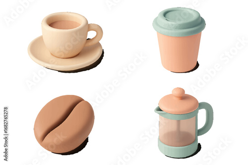 Coffee cup, takeaway cup, coffee bean, French press in pastel colors. Modern 3D Icon Set