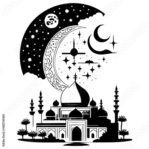 Stylized mosque silhouette under a celestial canopy symbolizing spiritual contemplation and